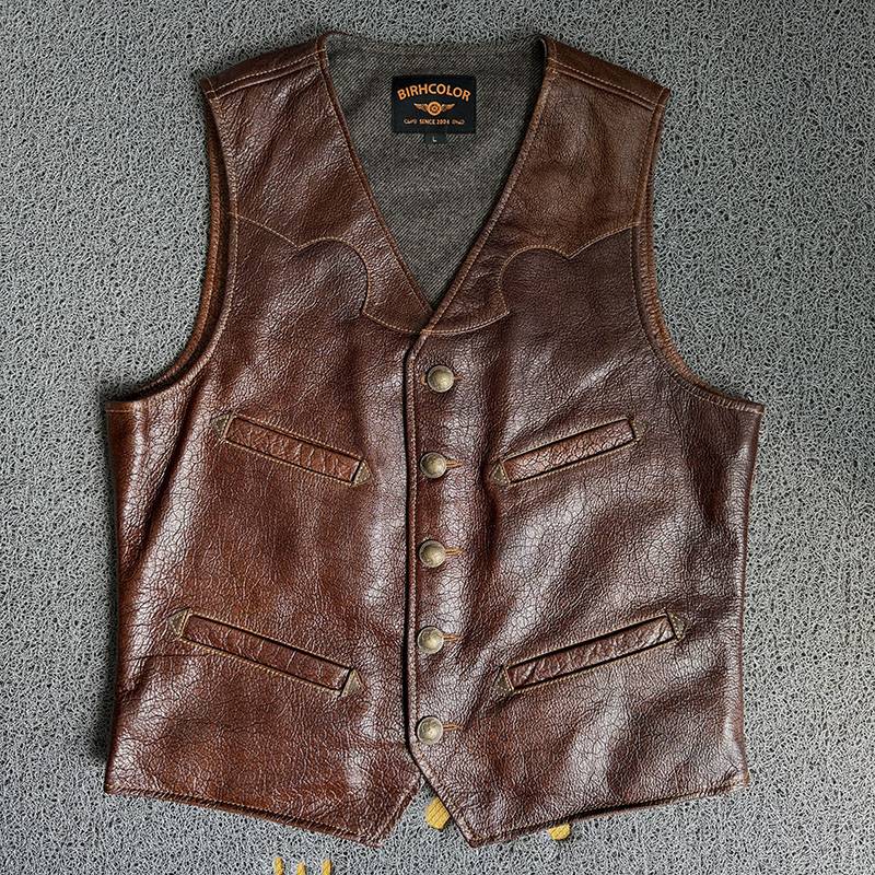 Re -engraving RRL Western leather vest leather handmade cracks, cracked head layer cowhide leather clothes male V -neck vest vest