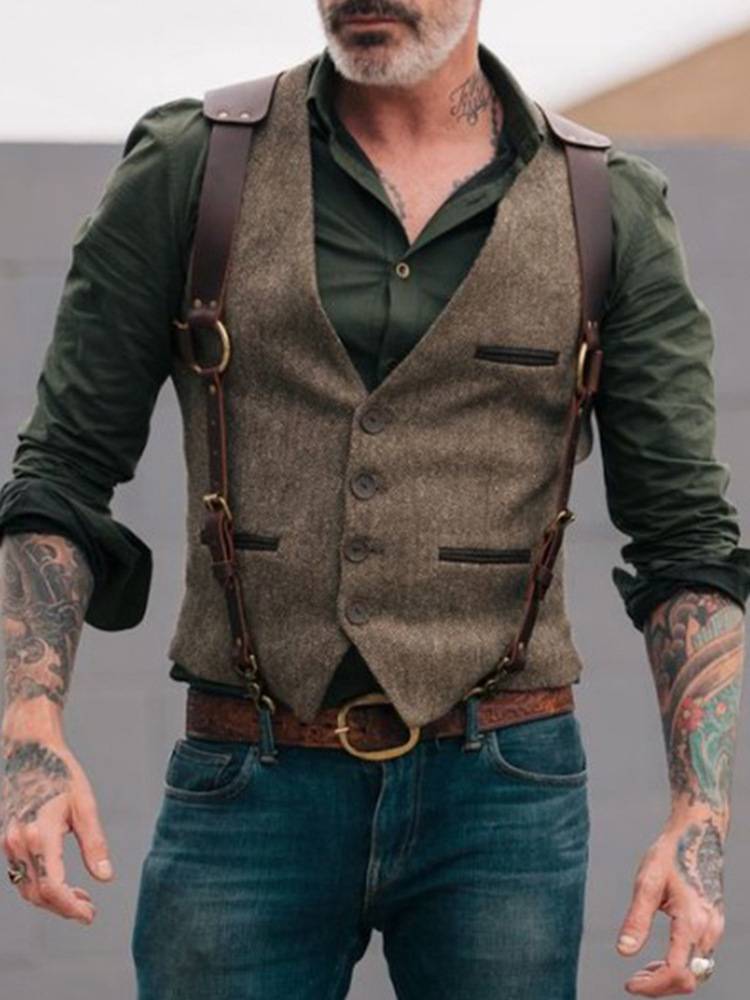Brown retro making old denim vest slim muscle men's nightclub bar American casual large size sleeveless shoulder tide
