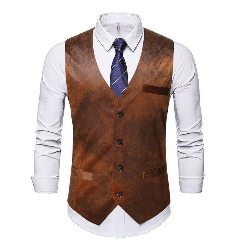 Brown retro making old denim vest slim muscle men's nightclub bar American casual large size sleeveless shoulder tide