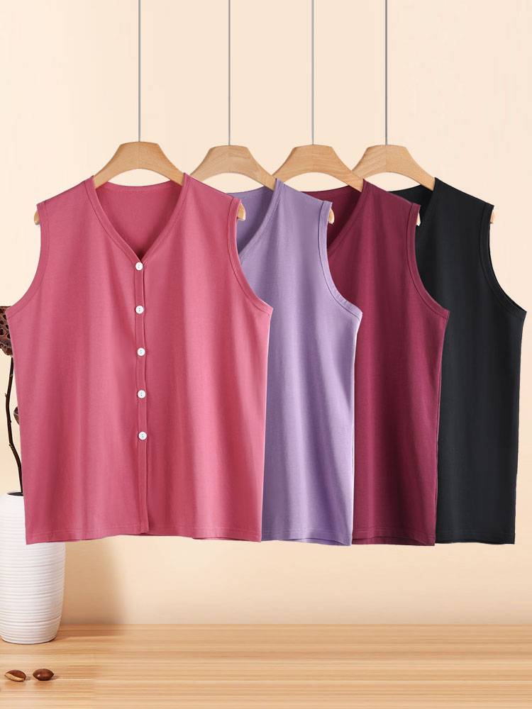 Summer full cotton cardigan Middle -aged and elderly mother's sleeveless buckle T -shirt vest, grandmother pure cotton home vest