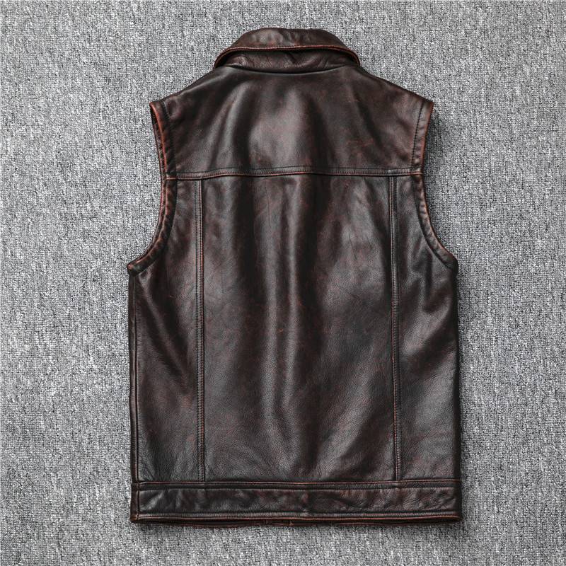 Cowhide leather clothing male slim -fitting short vest vest heavy locomotive motorcycle clothing lapel retro and old