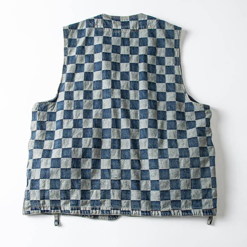 American casual retro grid denim vest multi -pocket tannin cloth sleeveless worker vest youth couple
