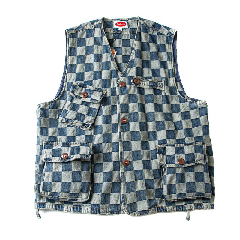 American casual retro grid denim vest multi -pocket tannin cloth sleeveless worker vest youth couple