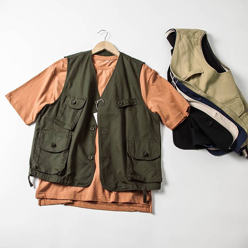 American retro loose BF neutral multi -pocket worker, men and women, couples, horses clip vest trendy sleeveless jacket