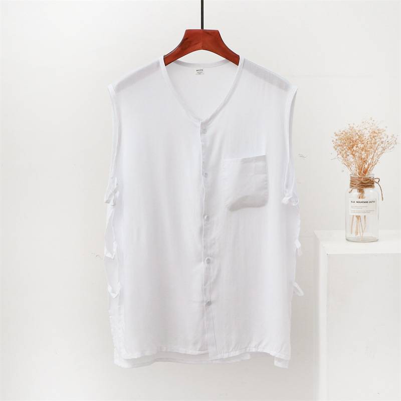 Cotton and silk pocket vest in the vest of the elderly men's sleeveless V -neck T -shirt artificial cotton -made thin summer large -size cardigan casual top
