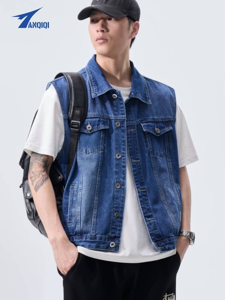 2024 new brand denim vest men's loose leisure spring and summer lapel -free shoulder water, shoulder water washing horses