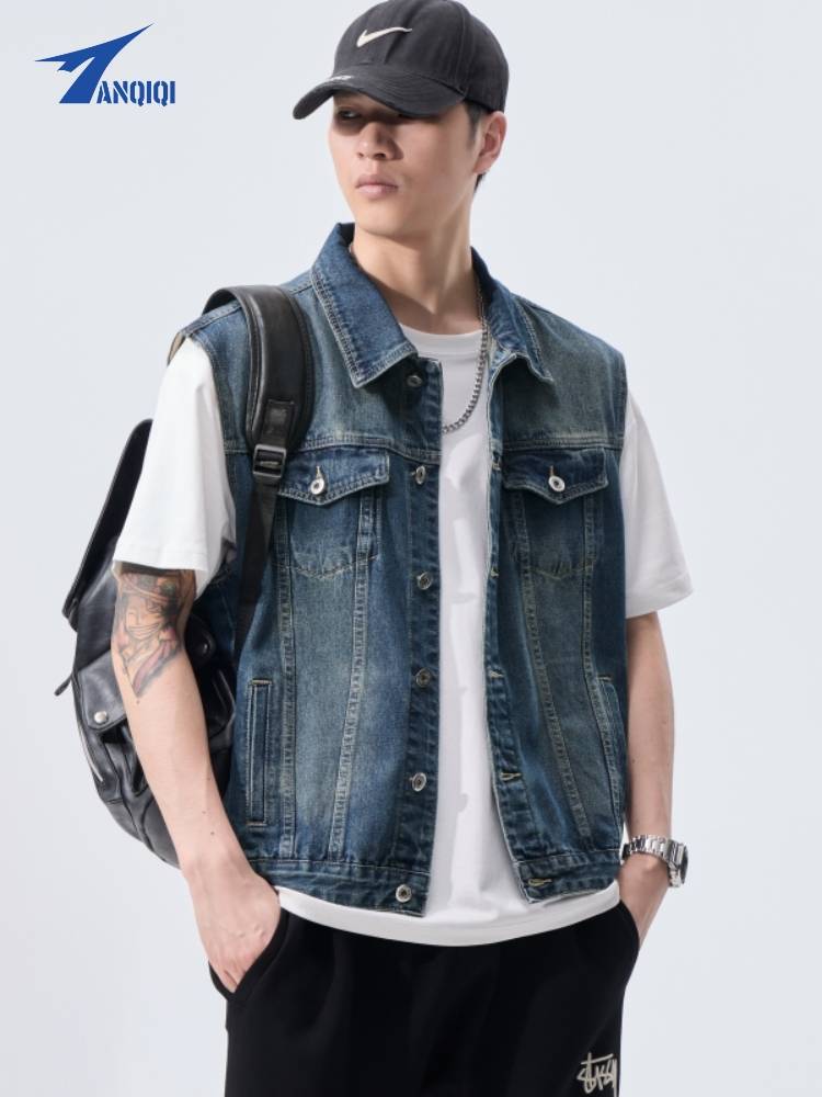 2024 new brand denim vest men's loose leisure spring and summer lapel -free shoulder water, shoulder water washing horses