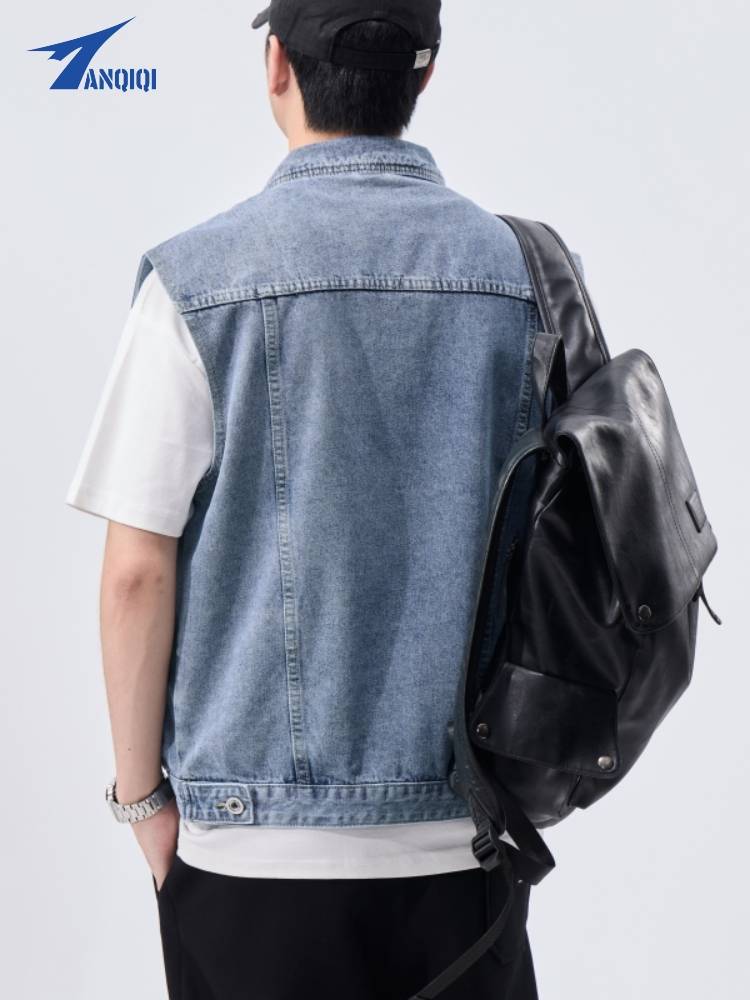 2024 new brand denim vest men's loose leisure spring and summer lapel -free shoulder water, shoulder water washing horses