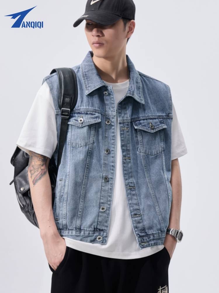 2024 new brand denim vest men's loose leisure spring and summer lapel -free shoulder water, shoulder water washing horses