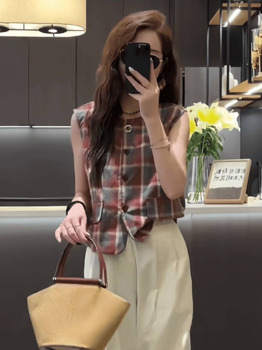 Fashion Retro Color Polytic Sleeveless Crystal Summer Female Summer New Loose Loose and Full Flowing Thin Person top