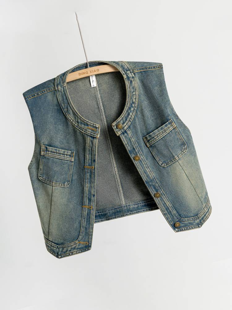 Denim vest Ms. Ms. 2024 Spring and Autumn New Korean European Version of European Store Store Sleeveless Retro Shoulder Short Piece