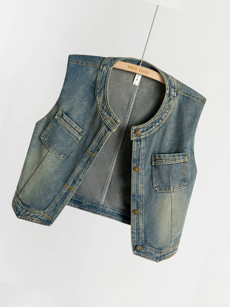 Denim vest Ms. Ms. 2024 Spring and Autumn New Korean European Version of European Store Store Sleeveless Retro Shoulder Short Piece