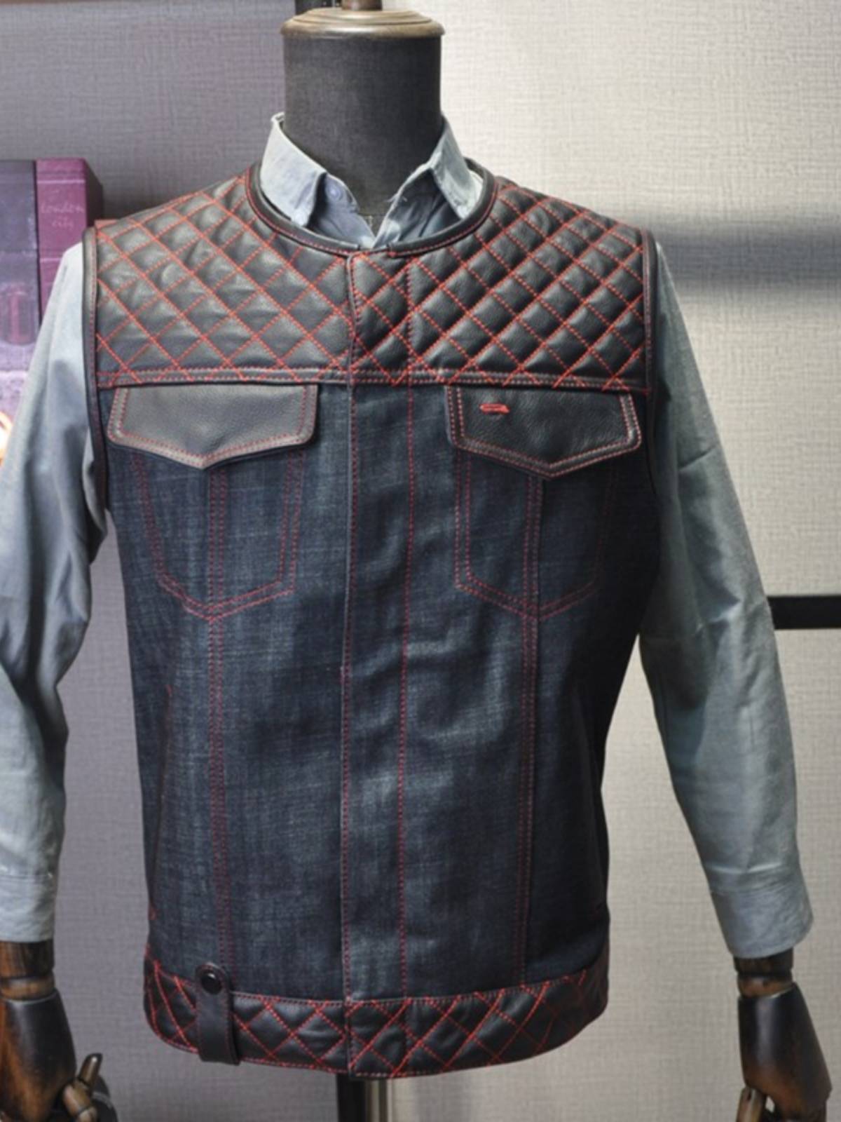 American retro leather stitching denim motorcycle team vest Harley cycling vest DS West coast style cattle