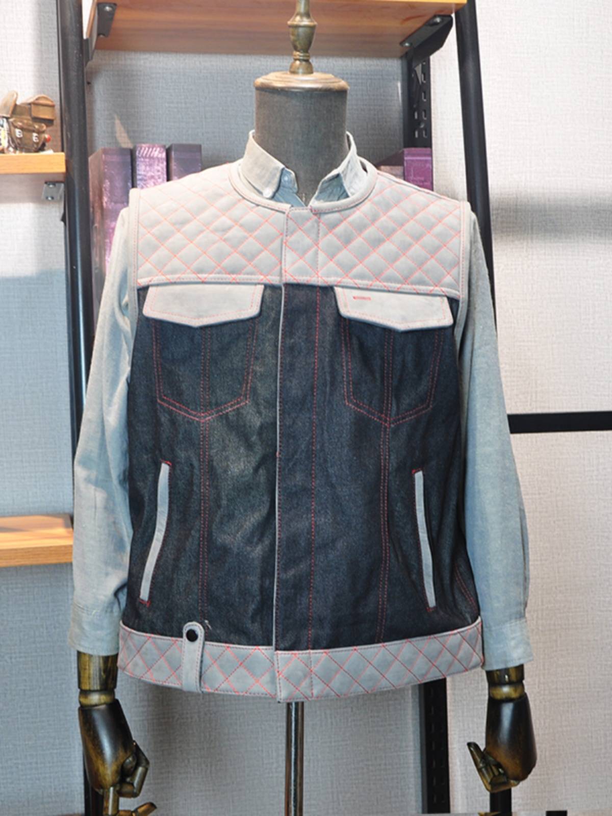 American retro leather stitching denim motorcycle team vest Harley cycling vest DS West coast style cattle