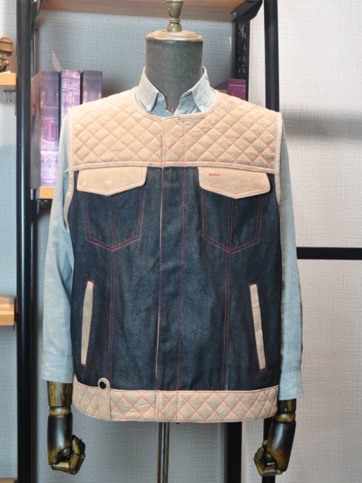 American retro leather stitching denim motorcycle team vest Harley cycling vest DS West coast style cattle