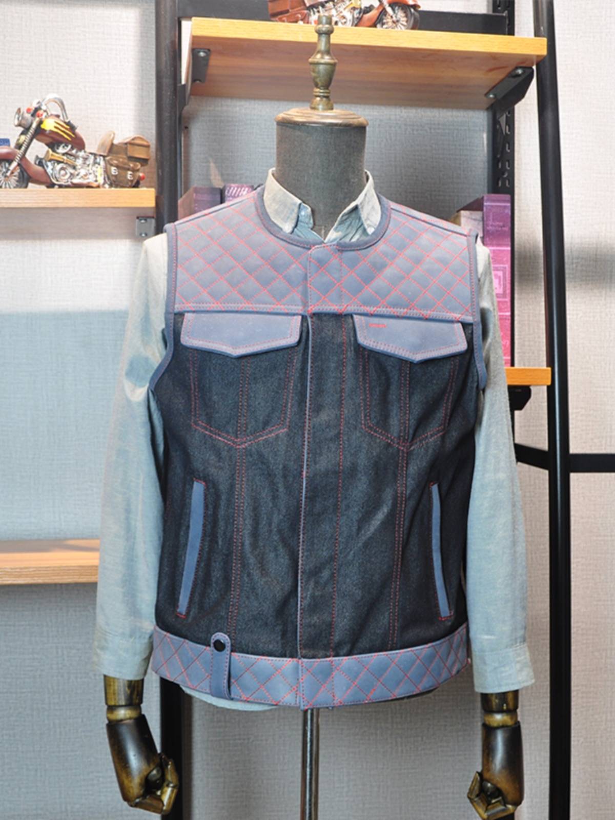 American retro leather stitching denim motorcycle team vest Harley cycling vest DS West coast style cattle