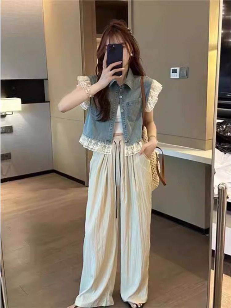 European denim vest women's summer new heavy work design sense lace stitching thin flying flying sleeve horses clip female