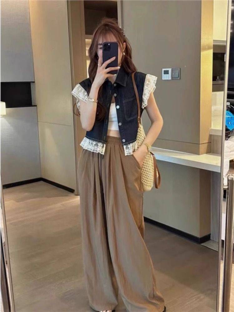 European denim vest women's summer new heavy work design sense lace stitching thin flying flying sleeve horses clip female