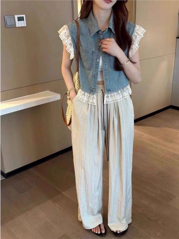 European denim vest women's summer new heavy work design sense lace stitching thin flying flying sleeve horses clip female
