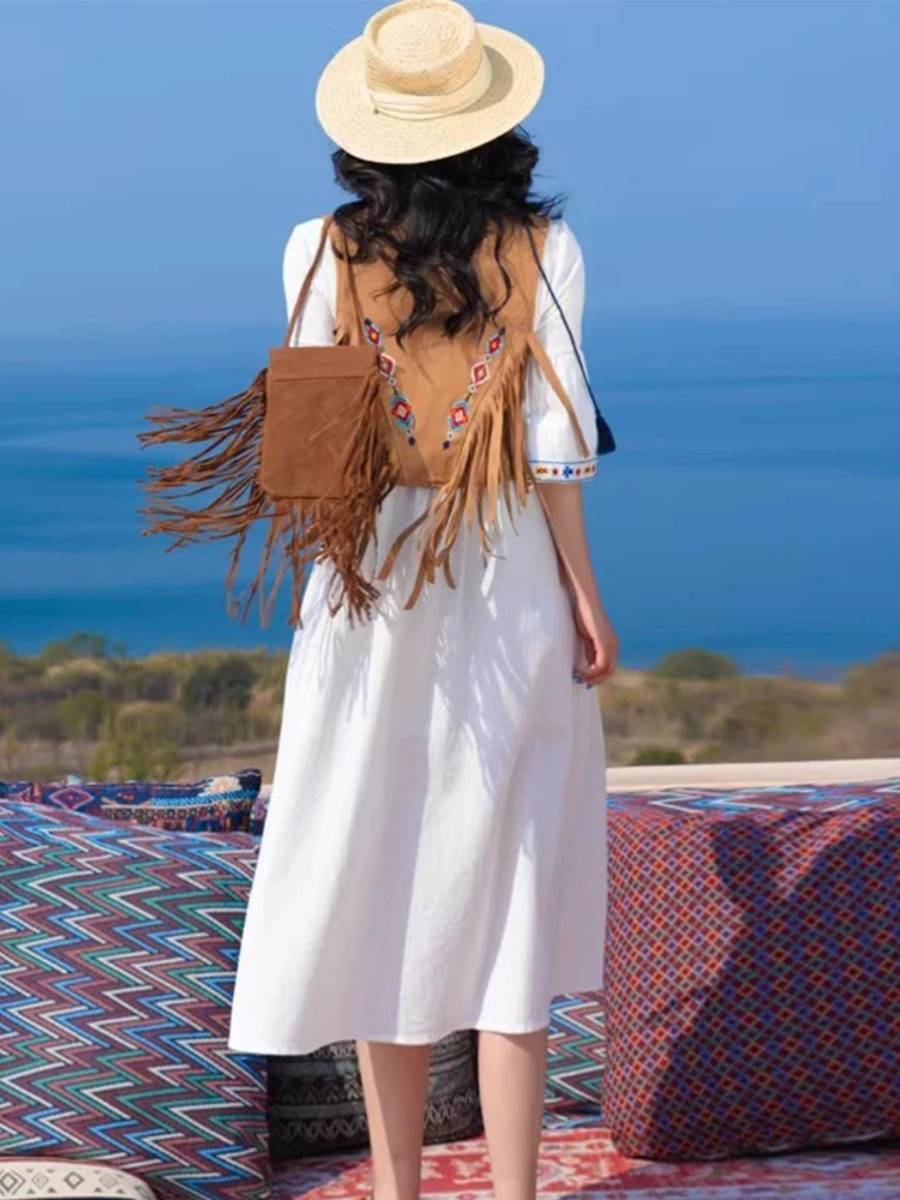 Bohemian national style suede vest female summer 2024 new large size running retro vest short top