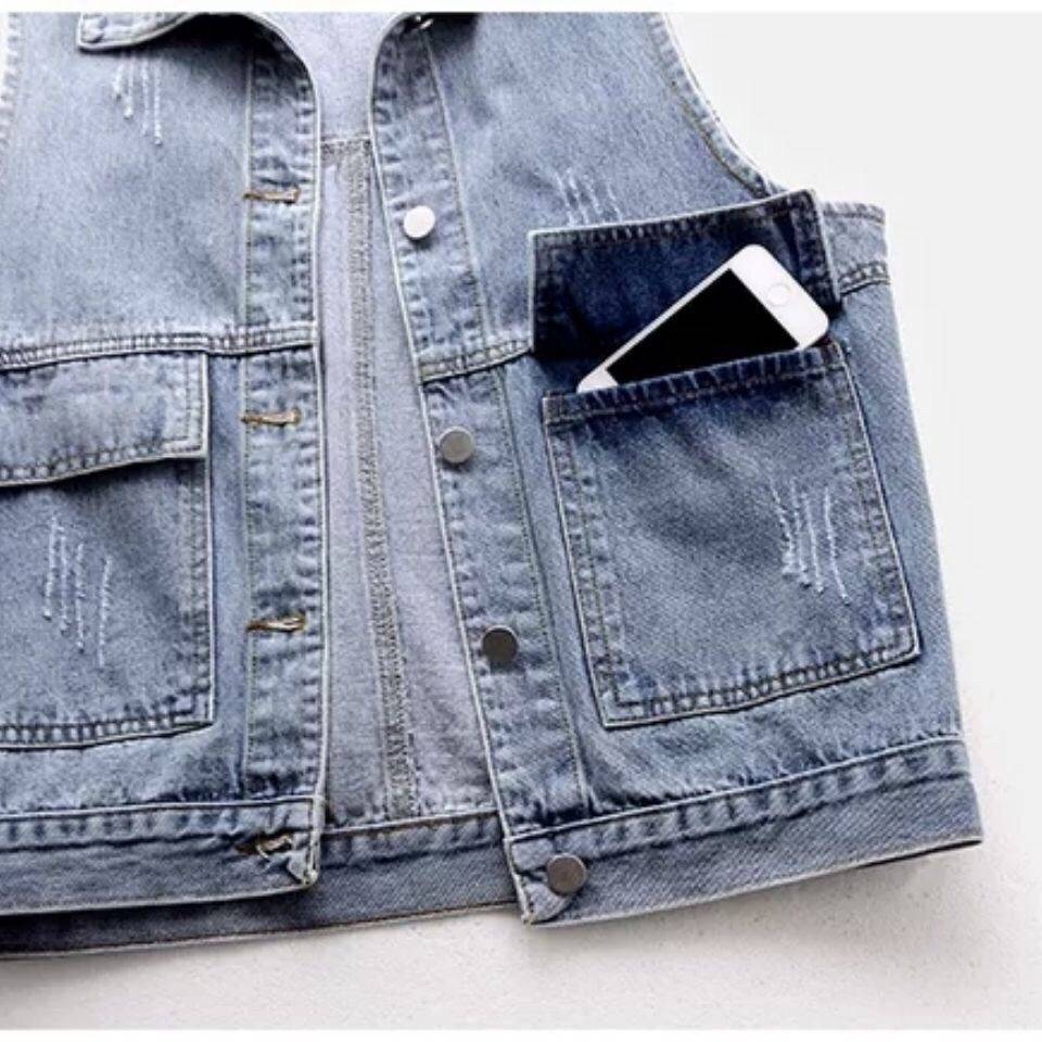Denim horse armor short spring, summer, autumn and winter new products simple big pocket sleeveless vest versatile loose shirt