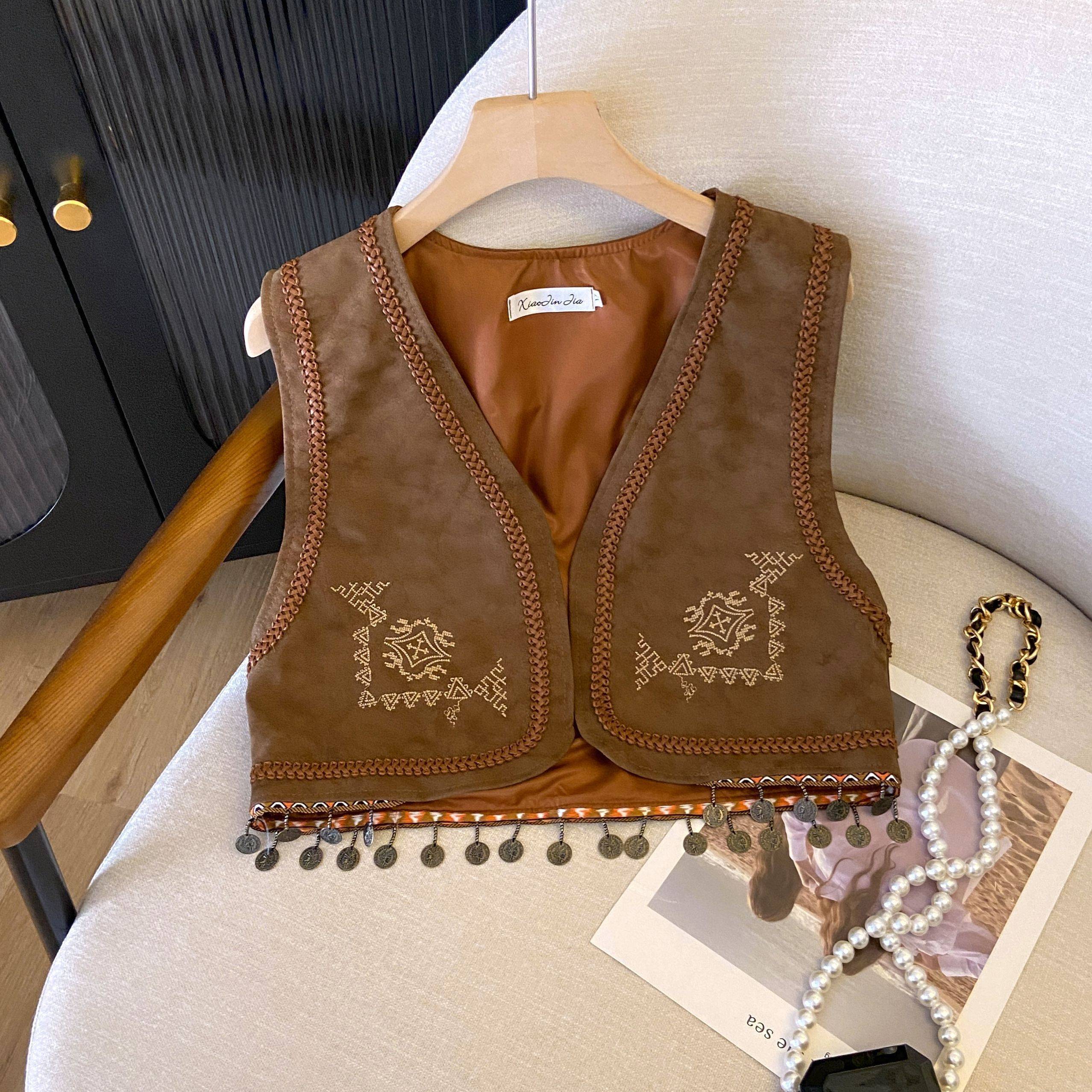 Retro Hong Kong Wind PU Leather Curvi Embroidery Fragrance Small vest Women's Xinjiang Grassland Tourism Loose Short Folding Person