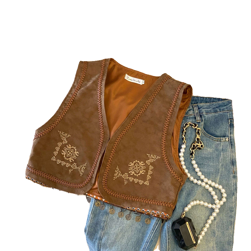 Retro Hong Kong Wind PU Leather Curvi Embroidery Fragrance Small vest Women's Xinjiang Grassland Tourism Loose Short Folding Person
