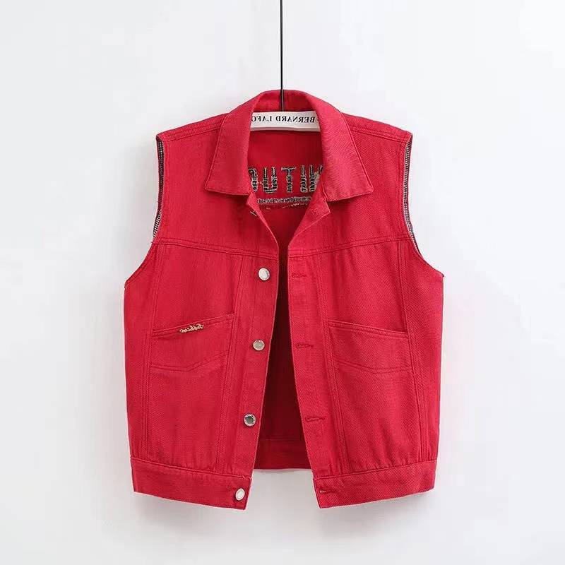Export broken code Clear clearance denim Wordswoman Short Slim Slim Slim Embroidered sleeveless jacket Cassacus Top Spring Spring