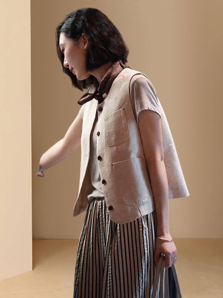 Cotton and Mainee European Station thin coat horseshop summer European cargo vest 2024 new flax jacket vest women's clothing outside