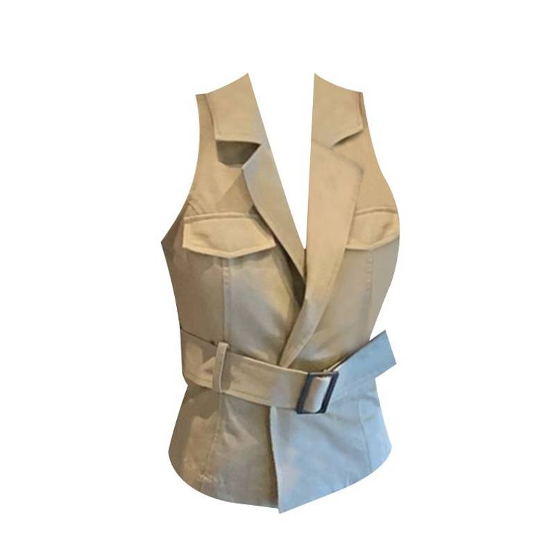 Khaki color lapel belt short top female 2024 summer retro hot girl design sensing vest vest