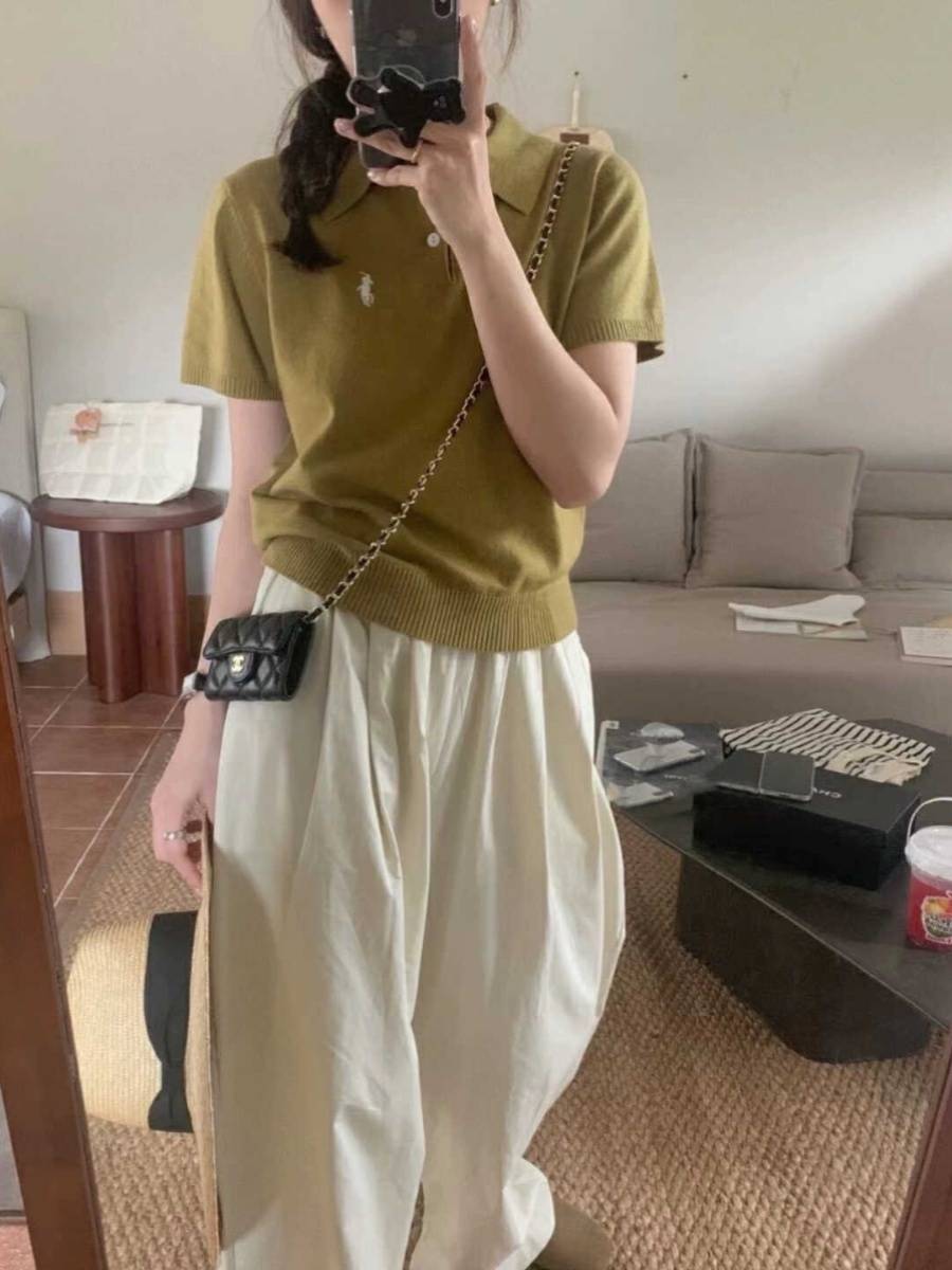Japanese retro age reduction small embroidery POLO lead short -sleeved sweater female 24 summer new casual wild top