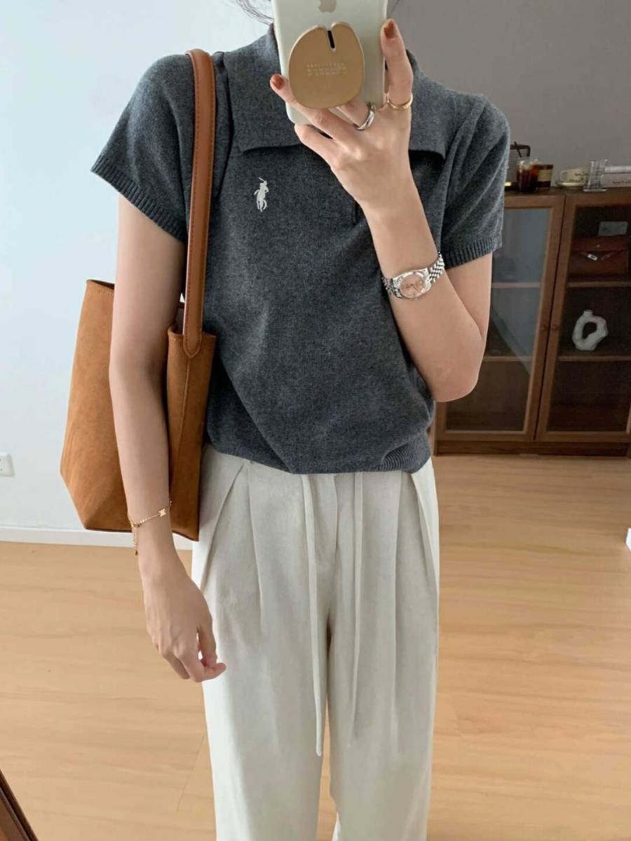Japanese retro age reduction small embroidery POLO lead short -sleeved sweater female 24 summer new casual wild top