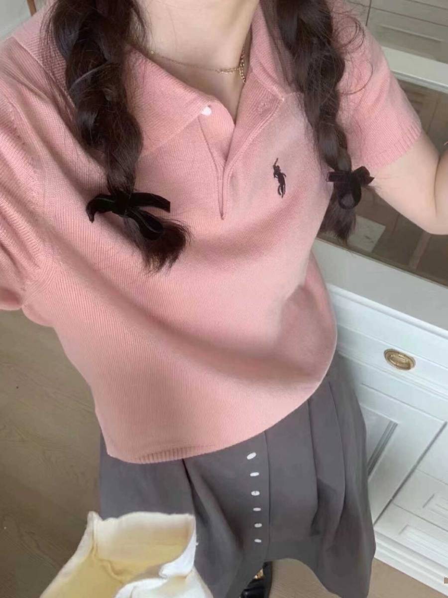 Japanese retro age reduction small embroidery POLO lead short -sleeved sweater female 24 summer new casual wild top