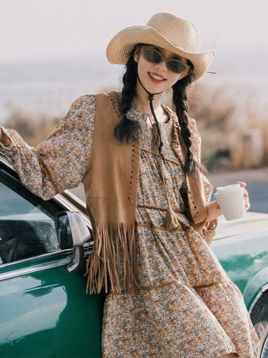 2024 Wandering Wind vest suede suede Western denim vest female streaming shirt jacket Posmian tide tide