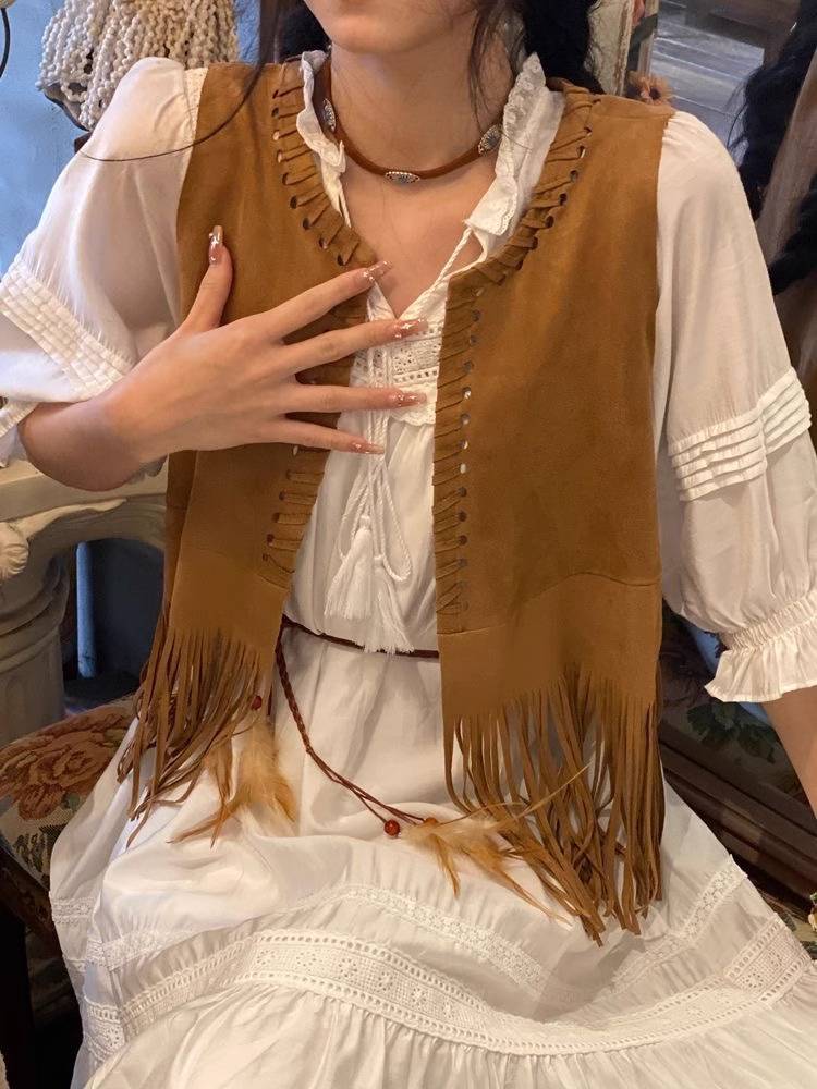 2024 Wandering Wind vest suede suede Western denim vest female streaming shirt jacket Posmian tide tide