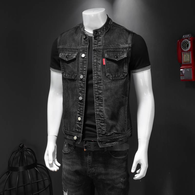 European station spring locomotive denim small vest men's sleeveless denim jacket fashion trend horse gown slim fit coat