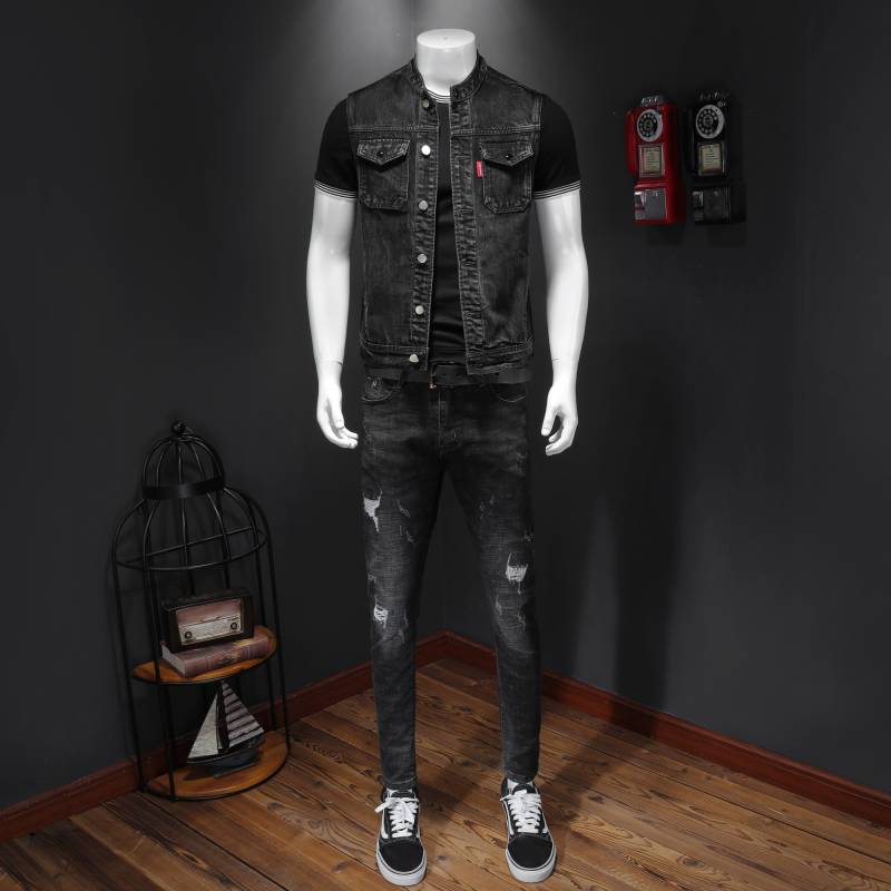 European station spring locomotive denim small vest men's sleeveless denim jacket fashion trend horse gown slim fit coat