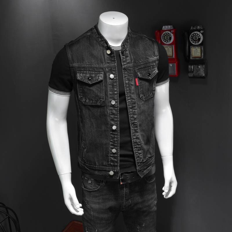 European station spring locomotive denim small vest men's sleeveless denim jacket fashion trend horse gown slim fit coat