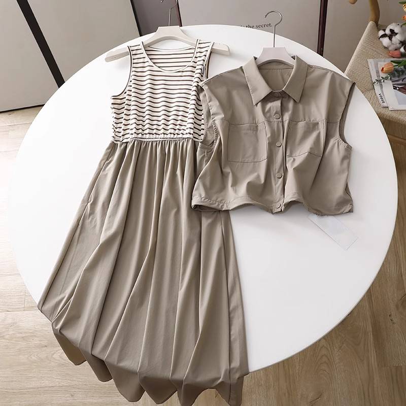 Qingcang special price 07.06 live new lapel -free vestless vest, color stripe stitching connecting dress set female
