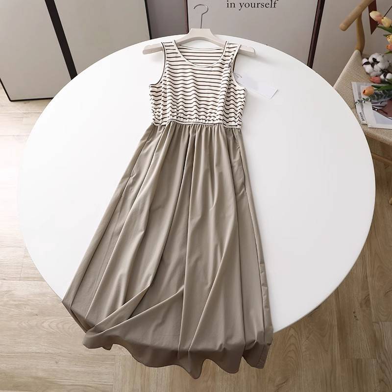 Qingcang special price 07.06 live new lapel -free vestless vest, color stripe stitching connecting dress set female