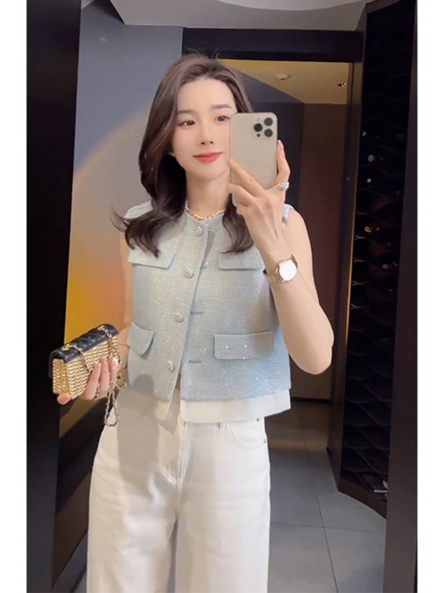 This year's popular short top 2024 Summer French high -level sense of foreign sense, beautiful small incense blue vest vest