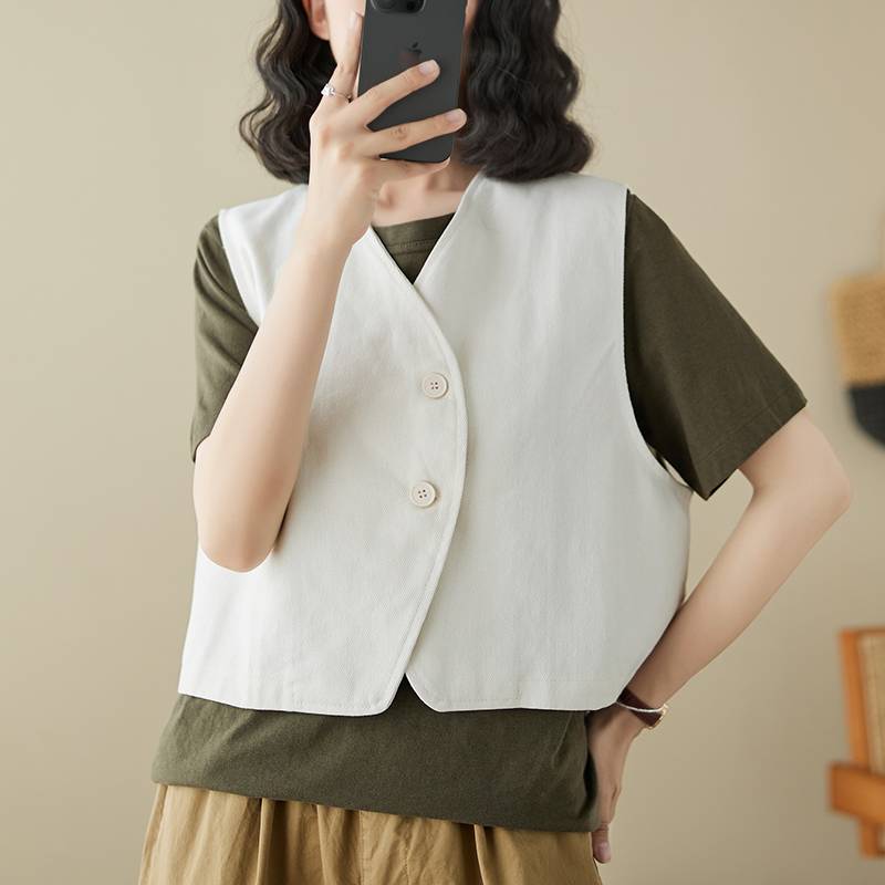Retro oblique all -cotton worker vest female summer short versatile V -neckless sleeve women's rush shoulder stacking