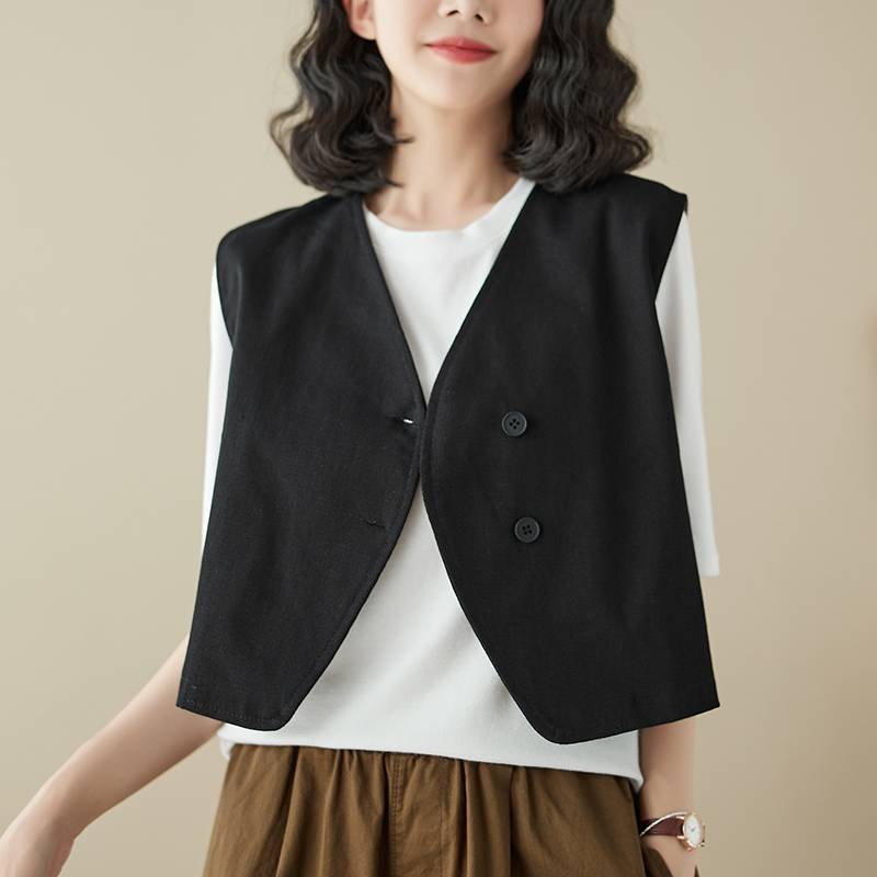 Retro oblique all -cotton worker vest female summer short versatile V -neckless sleeve women's rush shoulder stacking