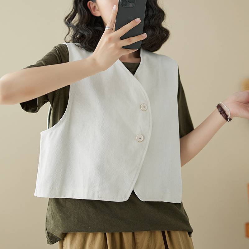 Retro oblique all -cotton worker vest female summer short versatile V -neckless sleeve women's rush shoulder stacking