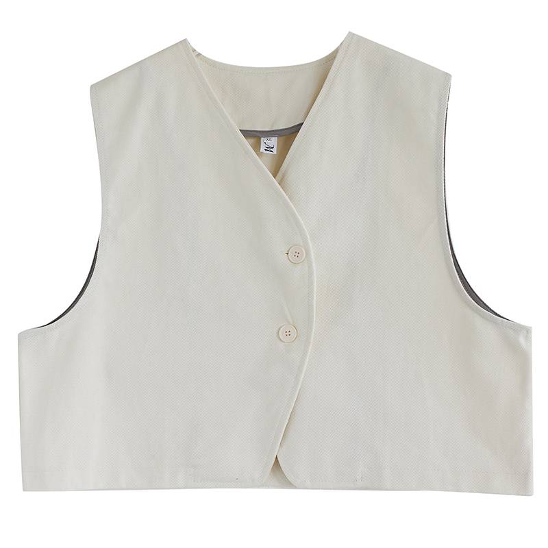 Retro oblique all -cotton worker vest female summer short versatile V -neckless sleeve women's rush shoulder stacking