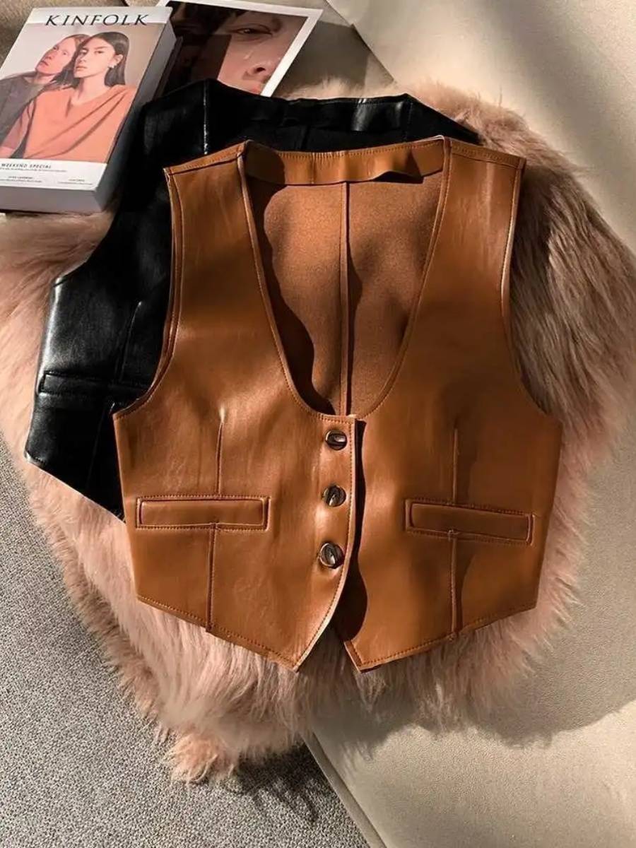 Retro inner skin vest female jacket autumn and winter women's stack wearing brown foreign gas shoulder horses clip vests European coat