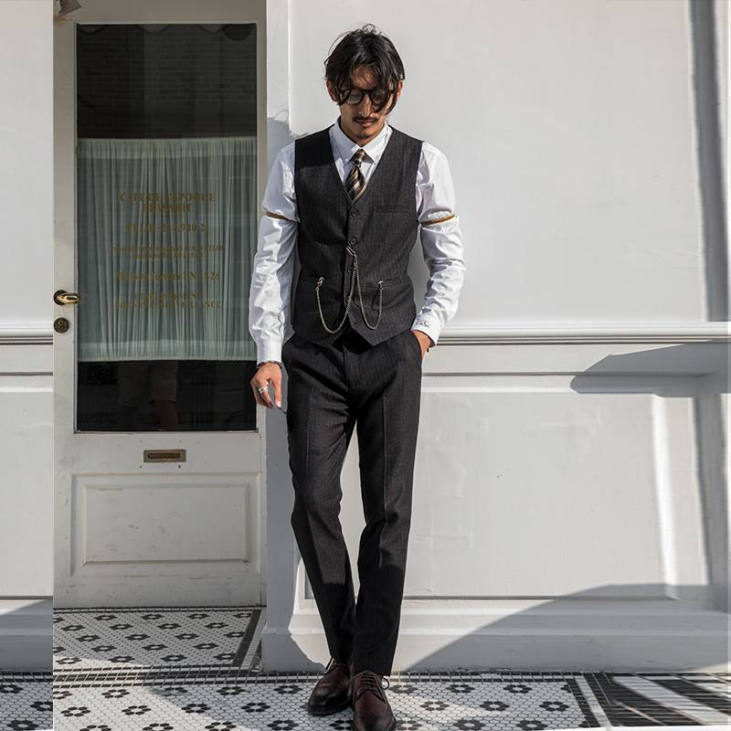 Soarin British style retro suit vest men's striped high -end business positive decorative black Western clothing vest vest