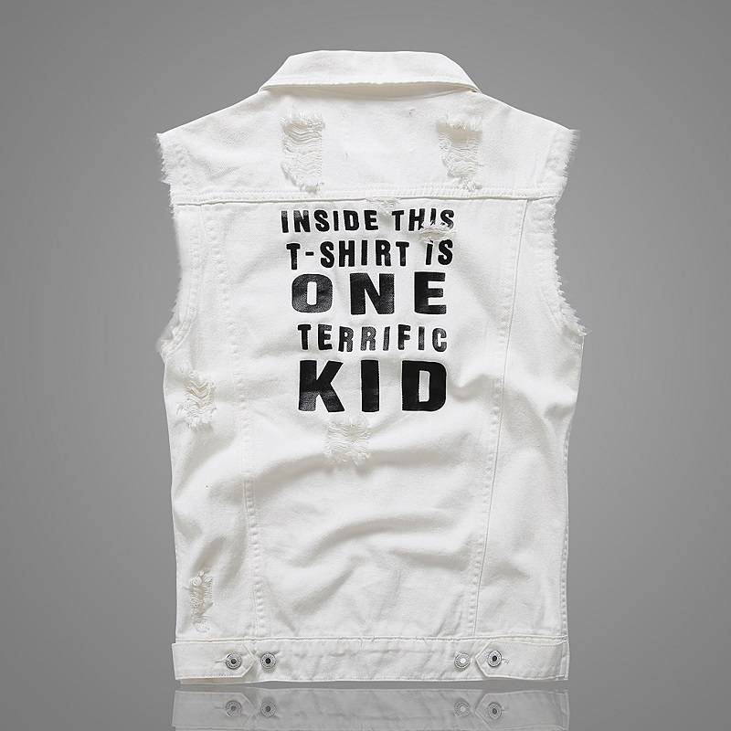 Summer denim vest men's youth Korean version of sleeveless shoulder slim white denim vest horses clip tide