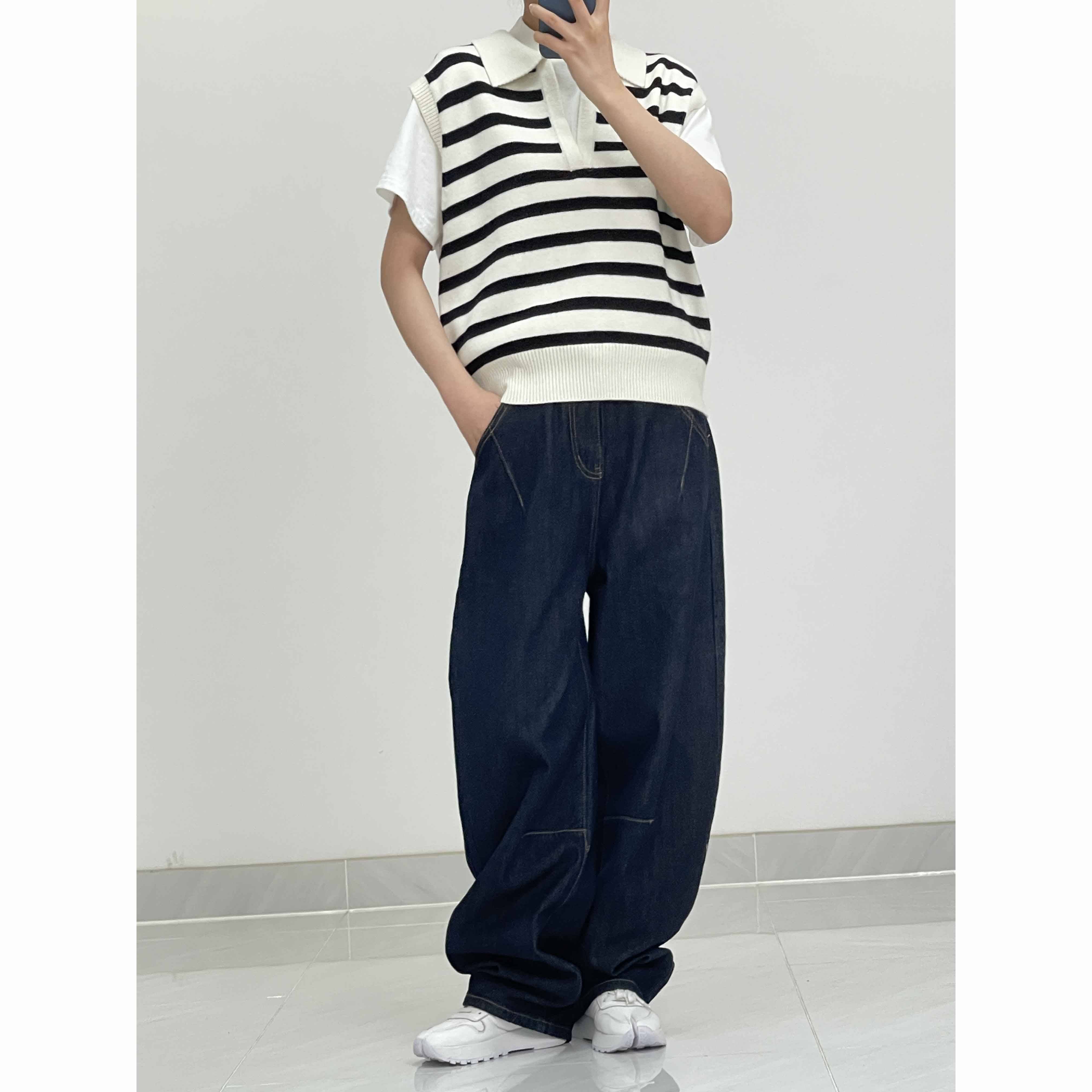 Retro striped sweater vest female spring and autumn design sense niche shoulder shoulders with short sweater vest tops