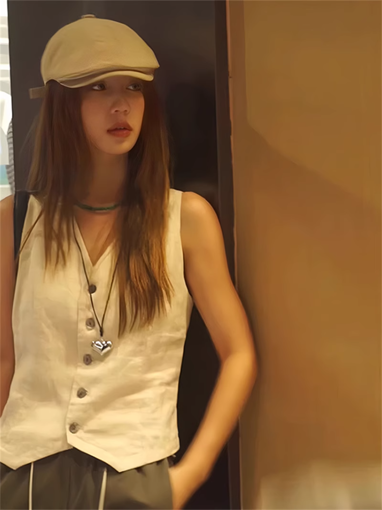 Old Qianfeng V -neck single -breasted horse clip female summer new design sense niche wearing vest vest sleeveless tops